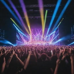 Colorful concert scene of a popular Kpop group performing on a stage, surrounded by ecstatic fans waving light sticks under a vibrant light show.