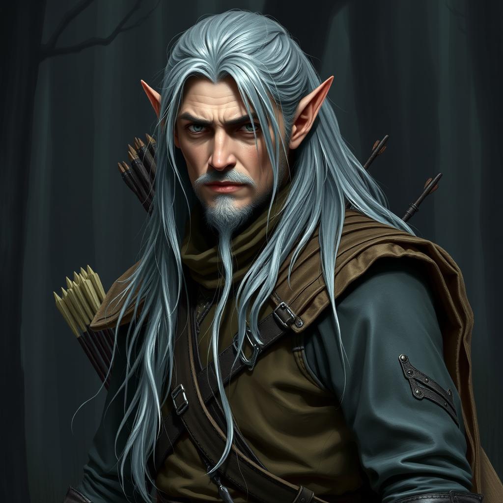A striking portrayal of a wood elf ranger character, featuring long, flowing grey hair that cascades down his back