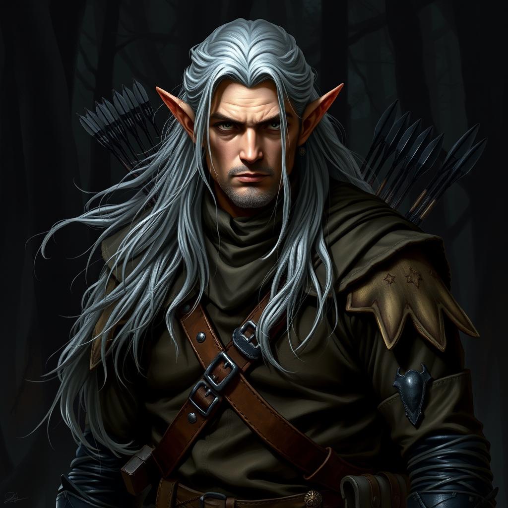 A striking portrayal of a wood elf ranger character, featuring long, flowing grey hair that cascades down his back