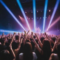 Colorful concert scene of a popular Kpop group performing on a stage, surrounded by ecstatic fans waving light sticks under a vibrant light show.