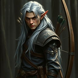 A compelling depiction of a wood elf ranger character, featuring long, silver-grey hair that flows elegantly down his back