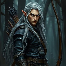 A compelling depiction of a wood elf ranger character, featuring long, silver-grey hair that flows elegantly down his back