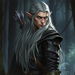 A compelling depiction of a wood elf ranger character, featuring long, silver-grey hair that flows elegantly down his back