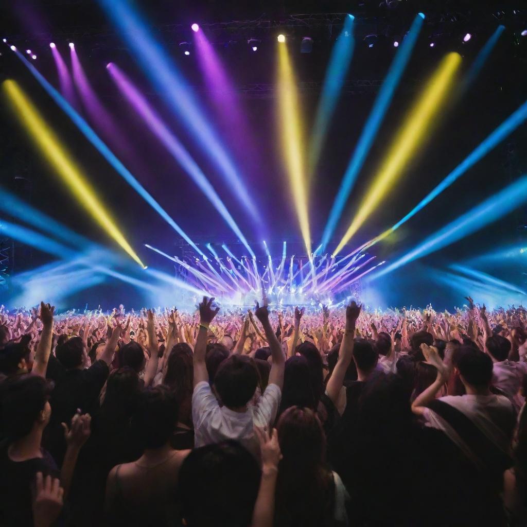 Colorful concert scene of a popular Kpop group performing on a stage, surrounded by ecstatic fans waving light sticks under a vibrant light show.