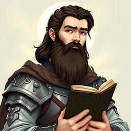 A detailed illustration of a human cleric of Ilmater, displaying noble features with white skin and dark brown hair, complemented by a matching beard