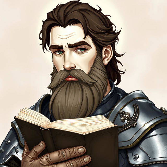 A detailed illustration of a human cleric of Ilmater, displaying noble features with white skin and dark brown hair, complemented by a matching beard