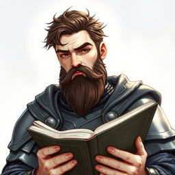 A detailed illustration of a human cleric of Ilmater, displaying noble features with white skin and dark brown hair, complemented by a matching beard