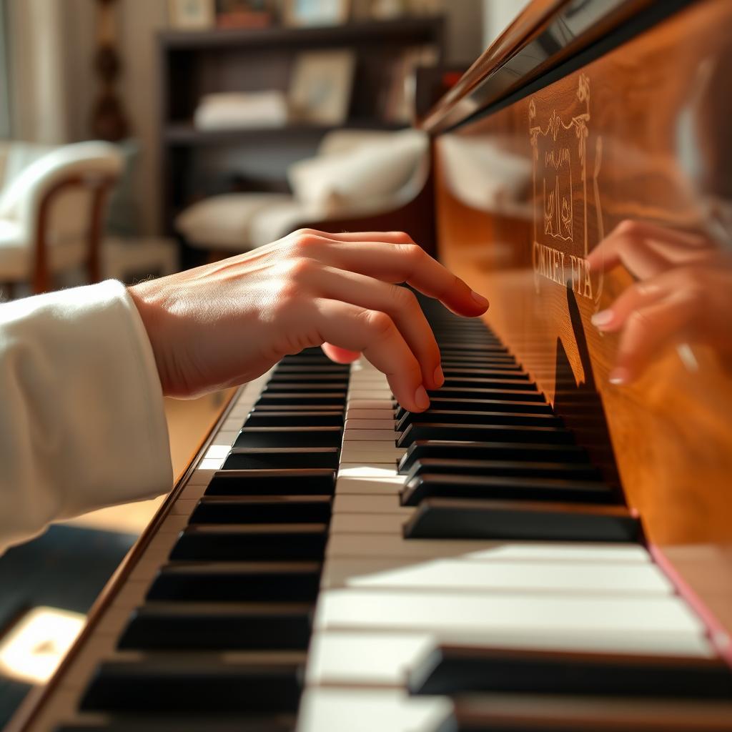 A close-up view of a right hand gracefully playing the keys of a grand piano, capturing the elegant motion of the fingers as they glide over the black and white keys, soft natural lighting illuminating the scene, emphasizing the textures of the piano's polished wood and the delicate skin of the hand, with a blurred background that hints at a cozy and inviting music room atmosphere