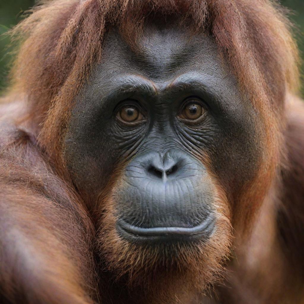 A detailed expression of a wide-eyed orangutan, giving an intense stare with its vibrant brown eyes.