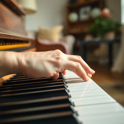 A close-up view of a right hand gracefully playing the keys of a grand piano, capturing the elegant motion of the fingers as they glide over the black and white keys, soft natural lighting illuminating the scene, emphasizing the textures of the piano's polished wood and the delicate skin of the hand, with a blurred background that hints at a cozy and inviting music room atmosphere