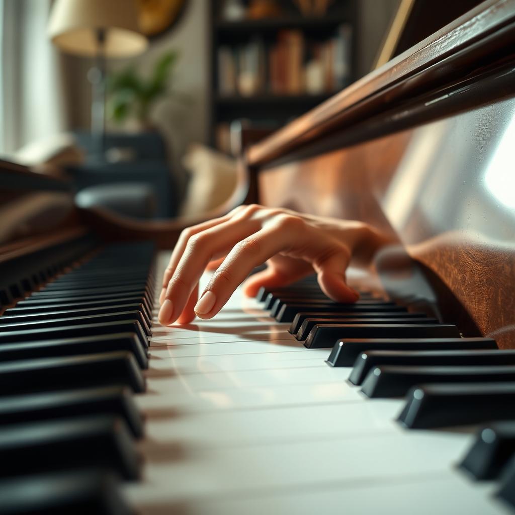 A close-up view of a right hand gracefully playing the keys of a grand piano, capturing the elegant motion of the fingers as they glide over the black and white keys, soft natural lighting illuminating the scene, emphasizing the textures of the piano's polished wood and the delicate skin of the hand, with a blurred background that hints at a cozy and inviting music room atmosphere