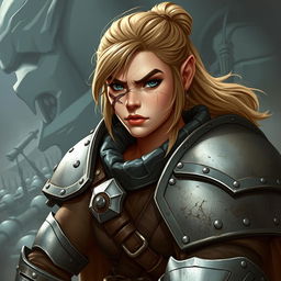 An impressive illustration of a female dwarf warrior, showcasing her strong and plump physique