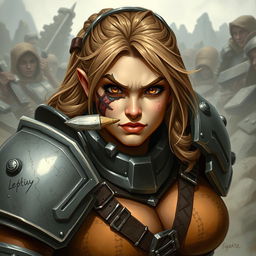 An impressive illustration of a female dwarf warrior, showcasing her strong and plump physique