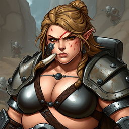 An impressive illustration of a female dwarf warrior, showcasing her strong and plump physique