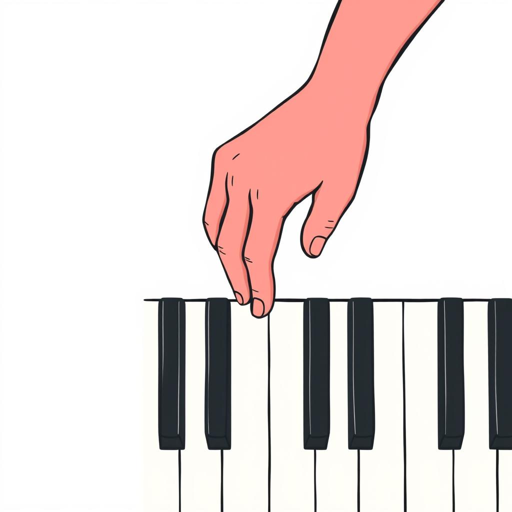 A two-dimensional illustration of a right hand seen from above, gently pressing down on the keys of a piano, with clear outlines and simplistic details to emphasize the hand's position and the piano keys, showcasing a minimalist and artistic style, bright colors contrasting with the black and white keys, and a subtle background that enhances the focus on the hand and piano