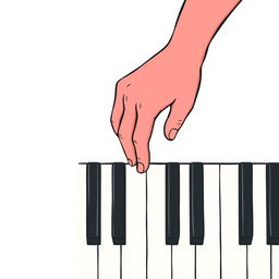 A two-dimensional illustration of a right hand seen from above, gently pressing down on the keys of a piano, with clear outlines and simplistic details to emphasize the hand's position and the piano keys, showcasing a minimalist and artistic style, bright colors contrasting with the black and white keys, and a subtle background that enhances the focus on the hand and piano