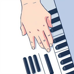 A two-dimensional illustration of a right hand seen from above, gently pressing down on the keys of a piano, with clear outlines and simplistic details to emphasize the hand's position and the piano keys, showcasing a minimalist and artistic style, bright colors contrasting with the black and white keys, and a subtle background that enhances the focus on the hand and piano