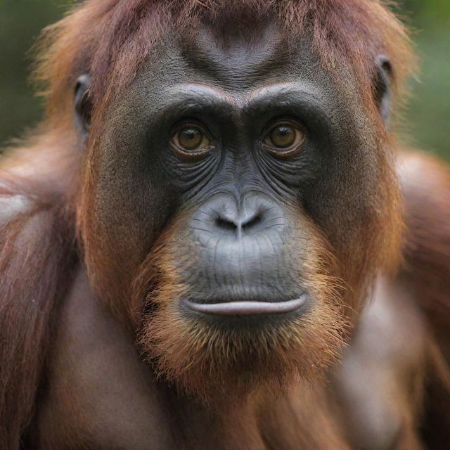 A detailed expression of a wide-eyed orangutan, giving an intense stare with its vibrant brown eyes.