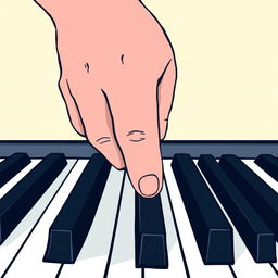 A two-dimensional illustration of a right hand seen from above, gently pressing down on the keys of a piano, with clear outlines and simplistic details to emphasize the hand's position and the piano keys, showcasing a minimalist and artistic style, bright colors contrasting with the black and white keys, and a subtle background that enhances the focus on the hand and piano