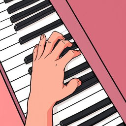 A two-dimensional illustration of a right hand seen from above, gently pressing down on the keys of a piano, with clear outlines and simplistic details to emphasize the hand's position and the piano keys, showcasing a minimalist and artistic style, bright colors contrasting with the black and white keys, and a subtle background that enhances the focus on the hand and piano