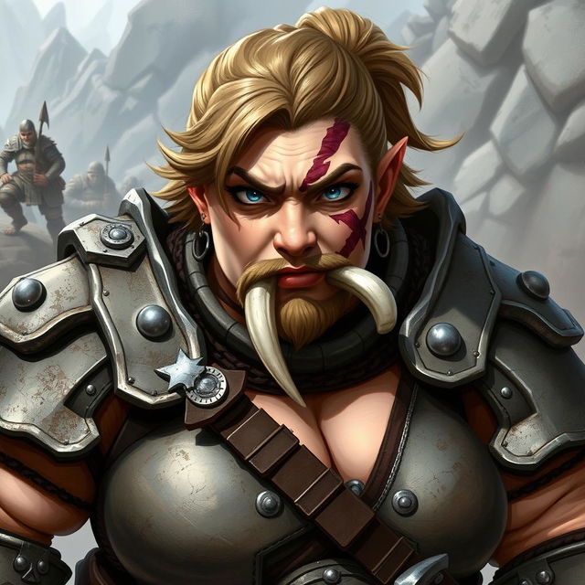 An impressive illustration of a female dwarf warrior, showcasing her strong and plump physique