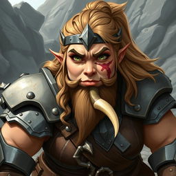 An impressive illustration of a female dwarf warrior, showcasing her strong and plump physique