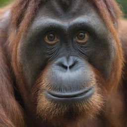 A detailed expression of a wide-eyed orangutan, giving an intense stare with its vibrant brown eyes.