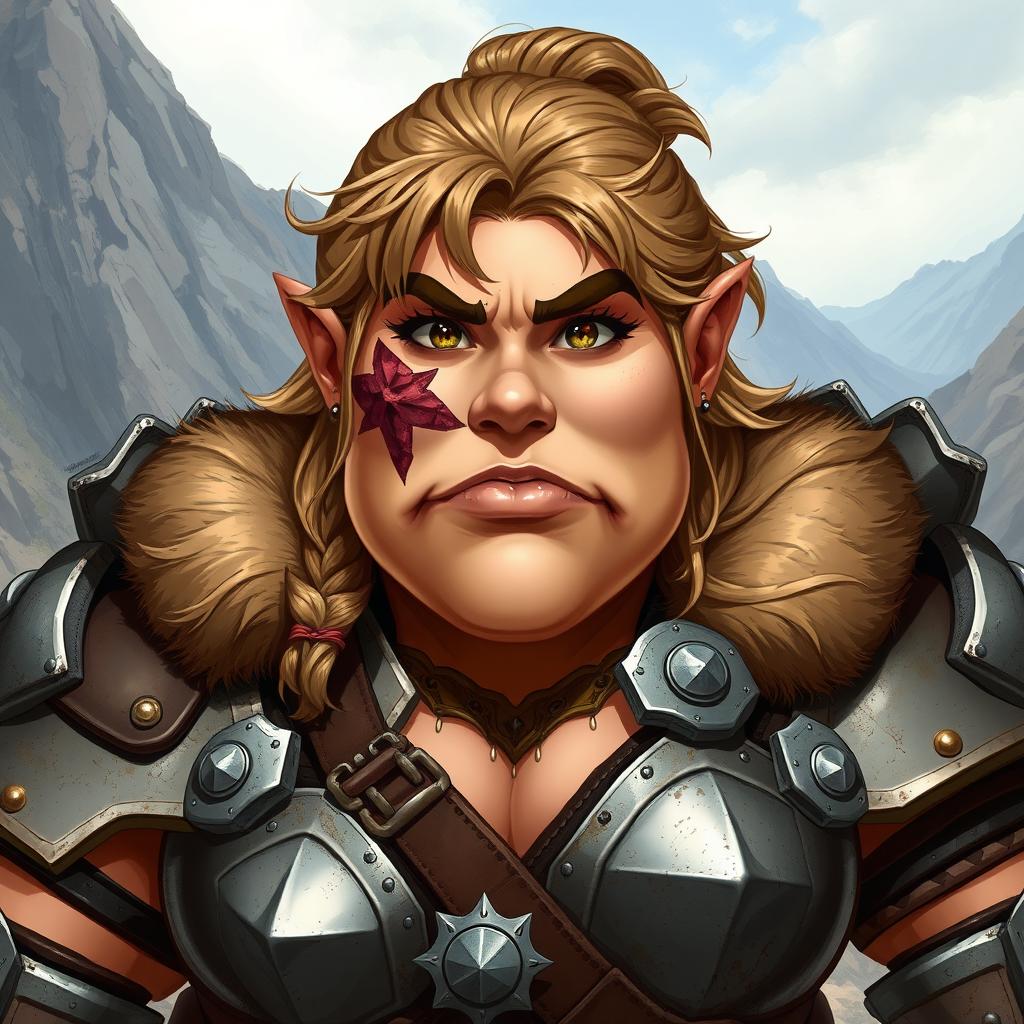 An impressive illustration of a female dwarf warrior, showcasing her strong and plump physique