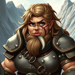 An impressive illustration of a female dwarf warrior, showcasing her strong and plump physique