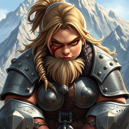 An impressive illustration of a female dwarf warrior, showcasing her strong and plump physique