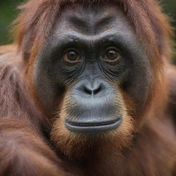 A detailed expression of a wide-eyed orangutan, giving an intense stare with its vibrant brown eyes.