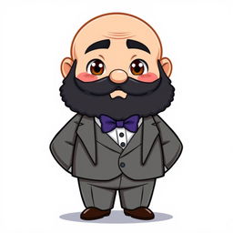 A chibi-style illustration of a chubby man with brown eyes, bald, and with a black beard that has some gray hairs