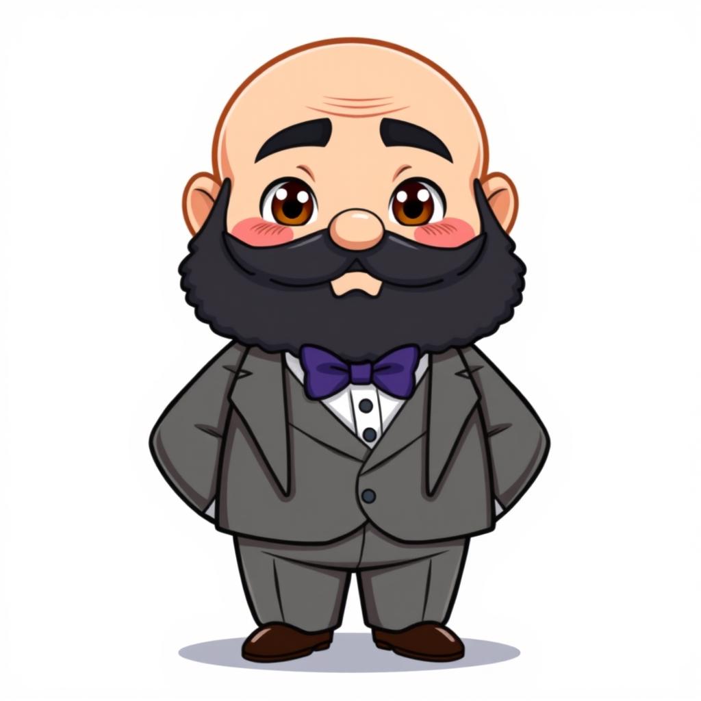A chibi-style illustration of a chubby man with brown eyes, bald, and with a black beard that has some gray hairs