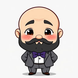 A chibi-style illustration of a chubby man with brown eyes, bald, and with a black beard that has some gray hairs