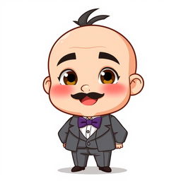 A chibi-style illustration of a chubby man with brown eyes, bald, and with a black beard that has some gray hairs