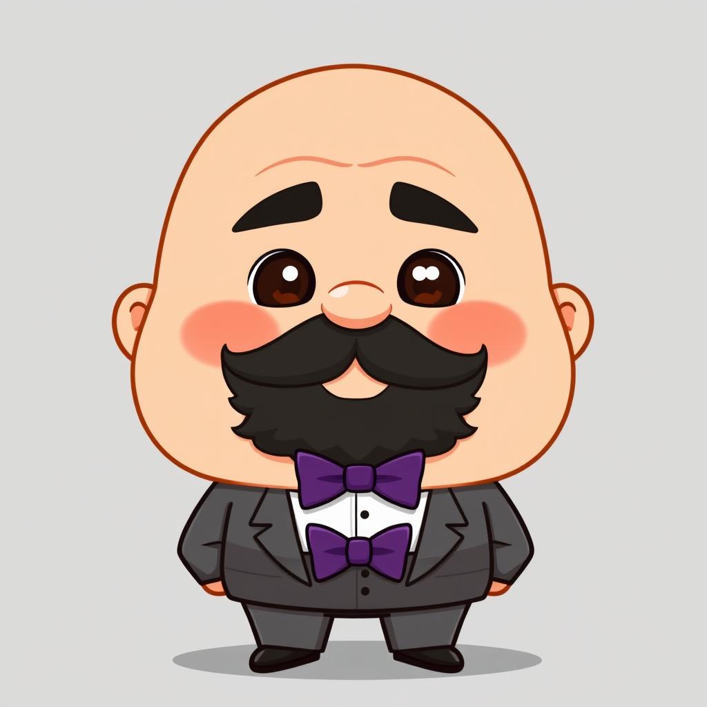 A chibi-style illustration of a chubby man with brown eyes, bald, and with a black beard that has some gray hairs