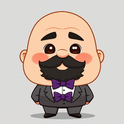 A chibi-style illustration of a chubby man with brown eyes, bald, and with a black beard that has some gray hairs