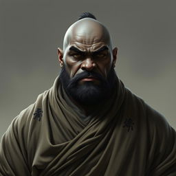 A striking portrait of a dark-skinned half-orc warrior monk, emphasizing his big, strong physique and pot-bellied stature