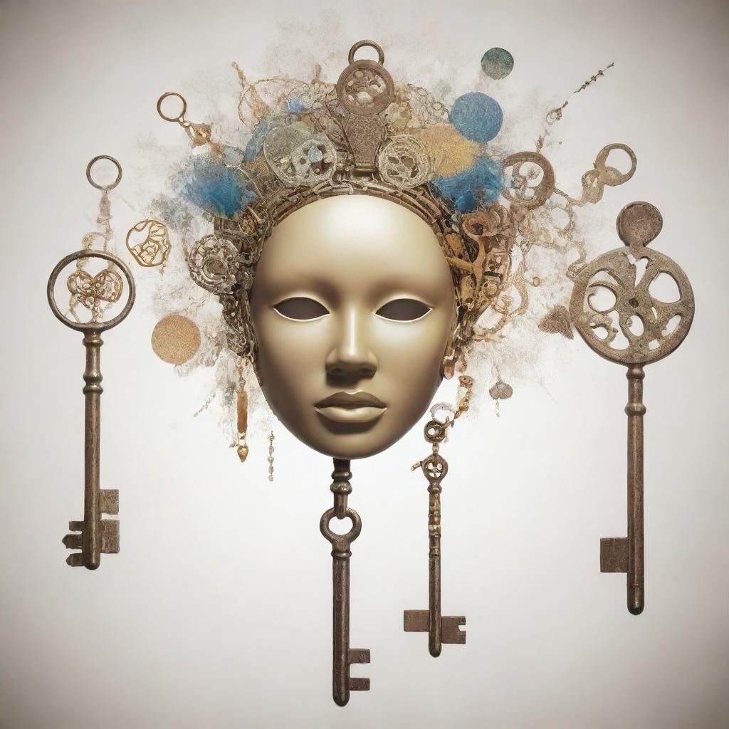 An abstract representation of the concept of identity, portrayed with a variety of symbolic elements like keys, masks, mirrors and DNA strands.