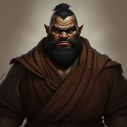 A striking portrait of a dark-skinned half-orc warrior monk, emphasizing his big, strong physique and pot-bellied stature