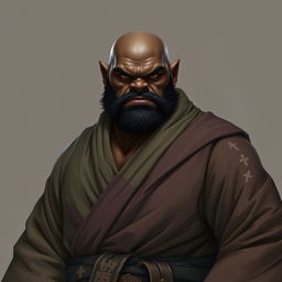 A striking portrait of a dark-skinned half-orc warrior monk, emphasizing his big, strong physique and pot-bellied stature