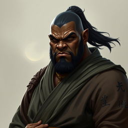 A striking portrait of a dark-skinned half-orc warrior monk, emphasizing his big, strong physique and pot-bellied stature