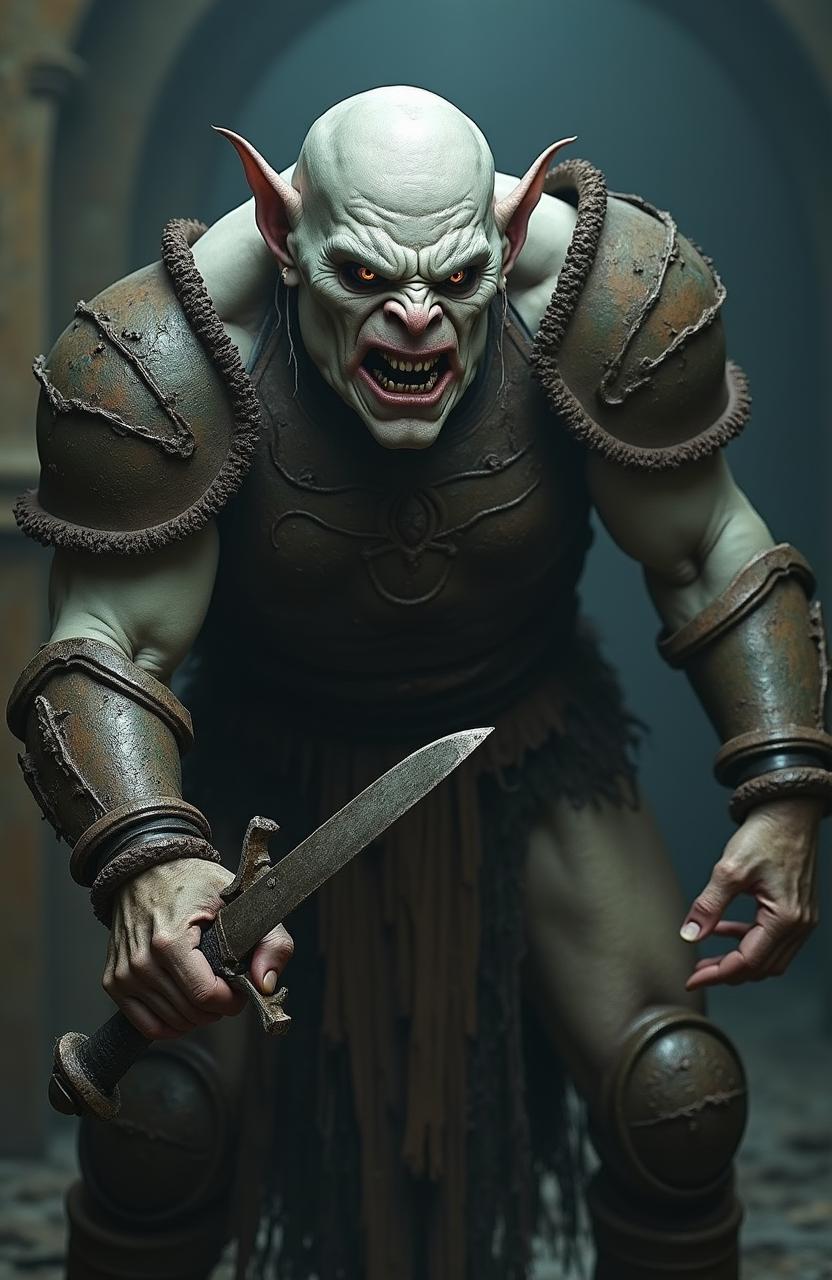 A gritty live action hyper-realistic image of an evil, scary-looking 6-foot tall albino fantasy goblin named Azog