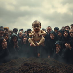 A surreal scene depicting a lifelike baby floating gently above the ground, surrounded by a diverse crowd of mourners expressing deep sorrow and grief