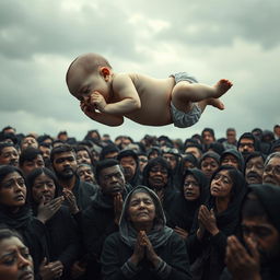 A surreal scene depicting a lifelike baby floating gently above the ground, surrounded by a diverse crowd of mourners expressing deep sorrow and grief