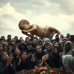 A surreal scene depicting a lifelike baby floating gently above the ground, surrounded by a diverse crowd of mourners expressing deep sorrow and grief