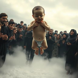 A surreal scene depicting a lifelike baby floating gently above the ground, surrounded by a diverse crowd of mourners expressing deep sorrow and grief