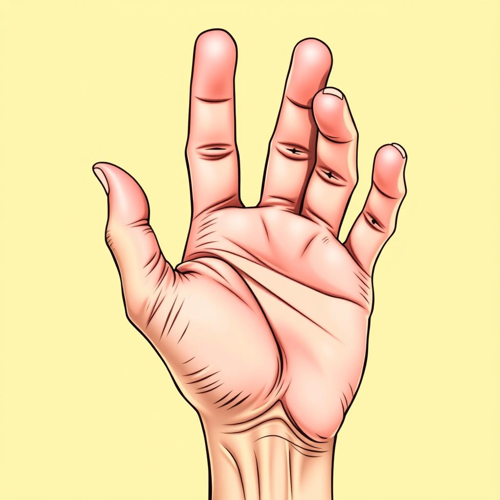 A detailed and colorful two-dimensional illustration of an open right hand, showcasing the fingers spread apart