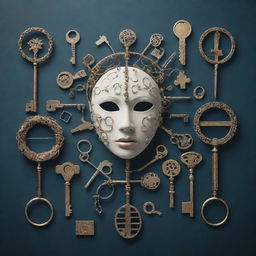 An abstract representation of the concept of identity, portrayed with a variety of symbolic elements like keys, masks, mirrors and DNA strands.