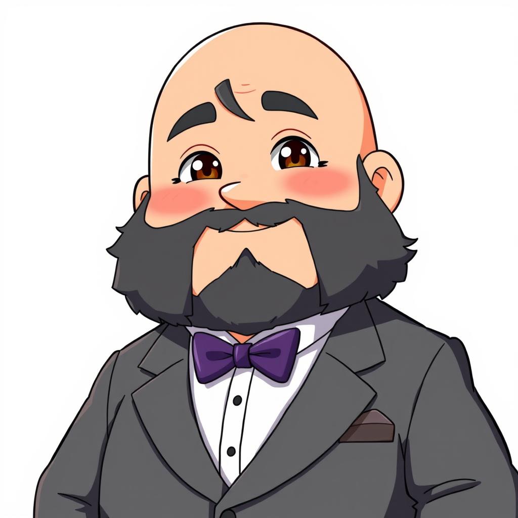 An anime-style illustration of a chubby man with brown eyes, bald, and a black beard that has some gray hairs